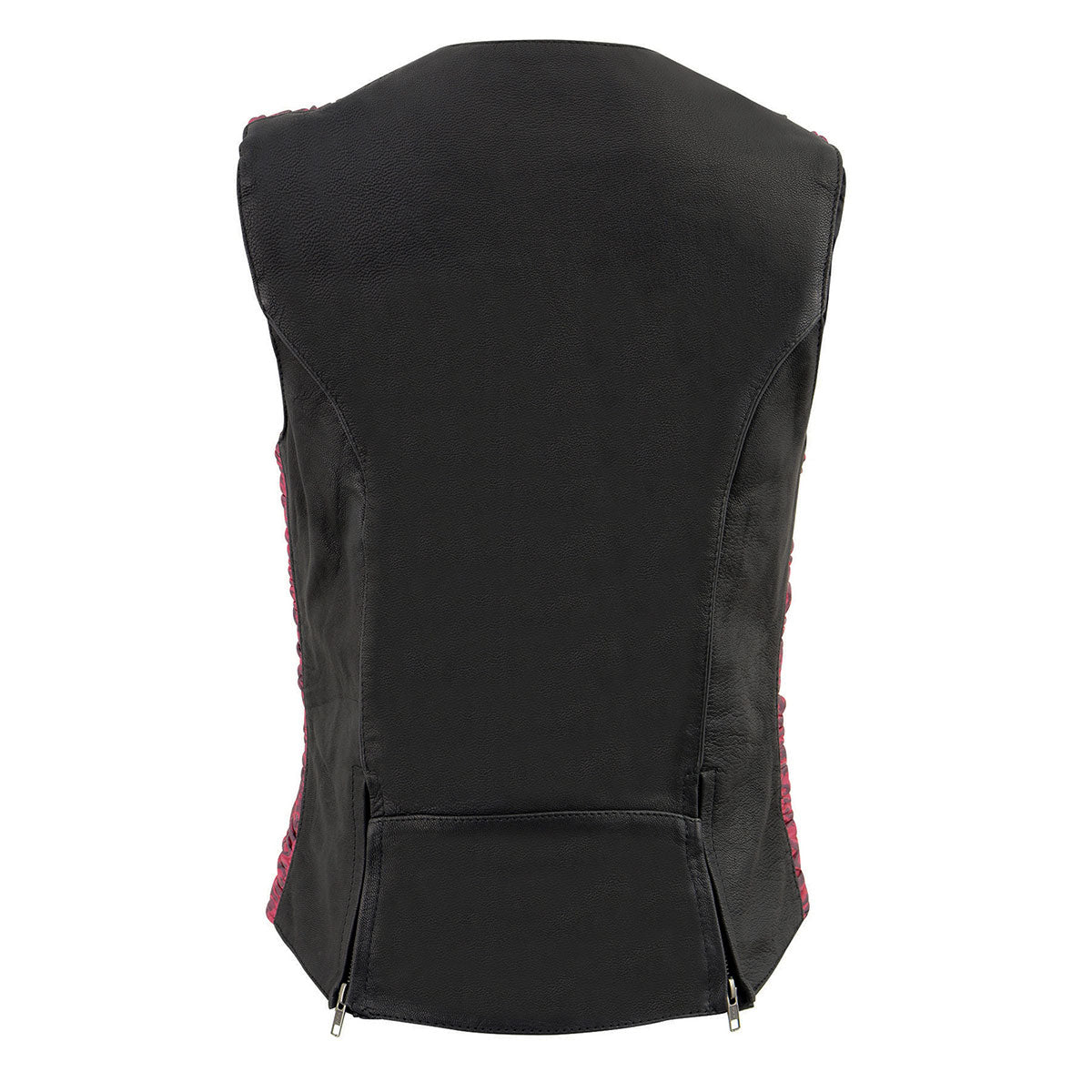 MLL4571 Women's Black and Pink Lightweight Motorcycle Leather Vest w/ Crinkled Leather Design