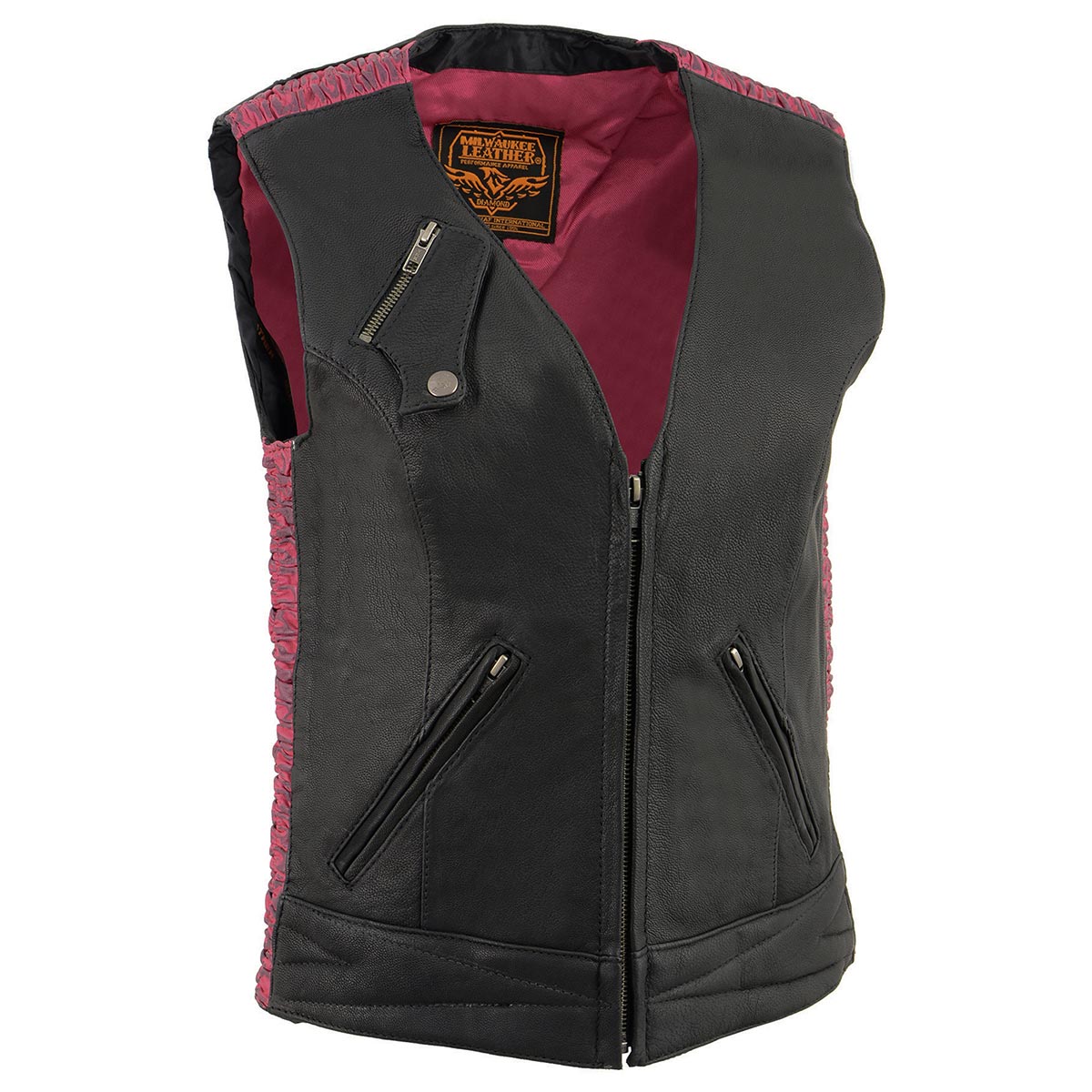 MLL4571 Women's Black and Pink Lightweight Motorcycle Leather Vest w/ Crinkled Leather Design