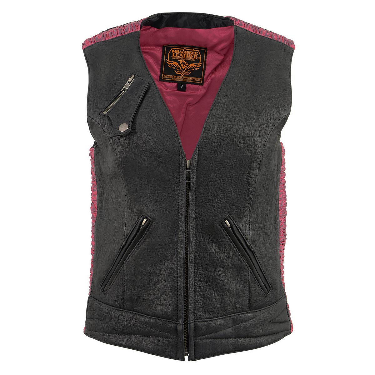 MLL4571 Women's Black and Pink Lightweight Motorcycle Leather Vest w/ Crinkled Leather Design