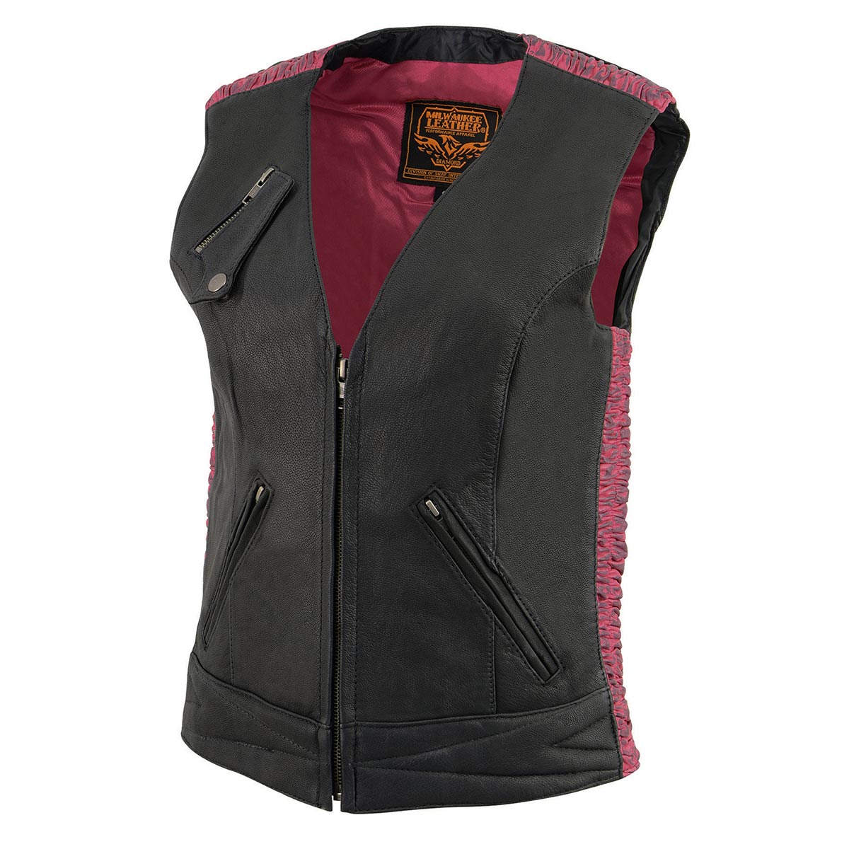 MLL4571 Women's Black and Pink Lightweight Motorcycle Leather Vest w/ Crinkled Leather Design