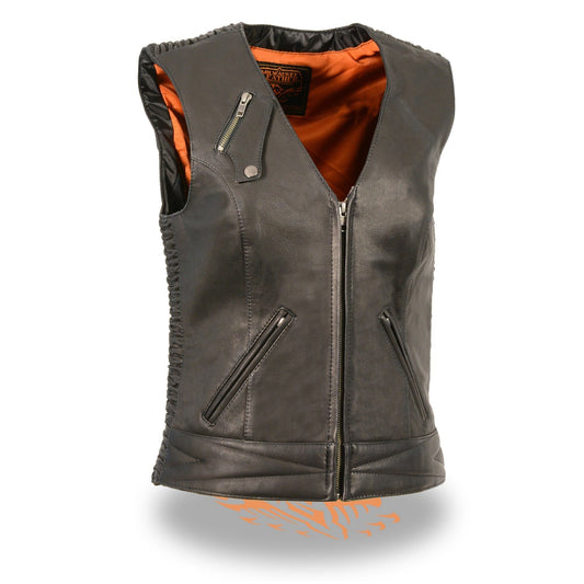 MLL4571 Women's Black Lightweight Motorcycle Leather Vest w/ Crinkled Leather Design