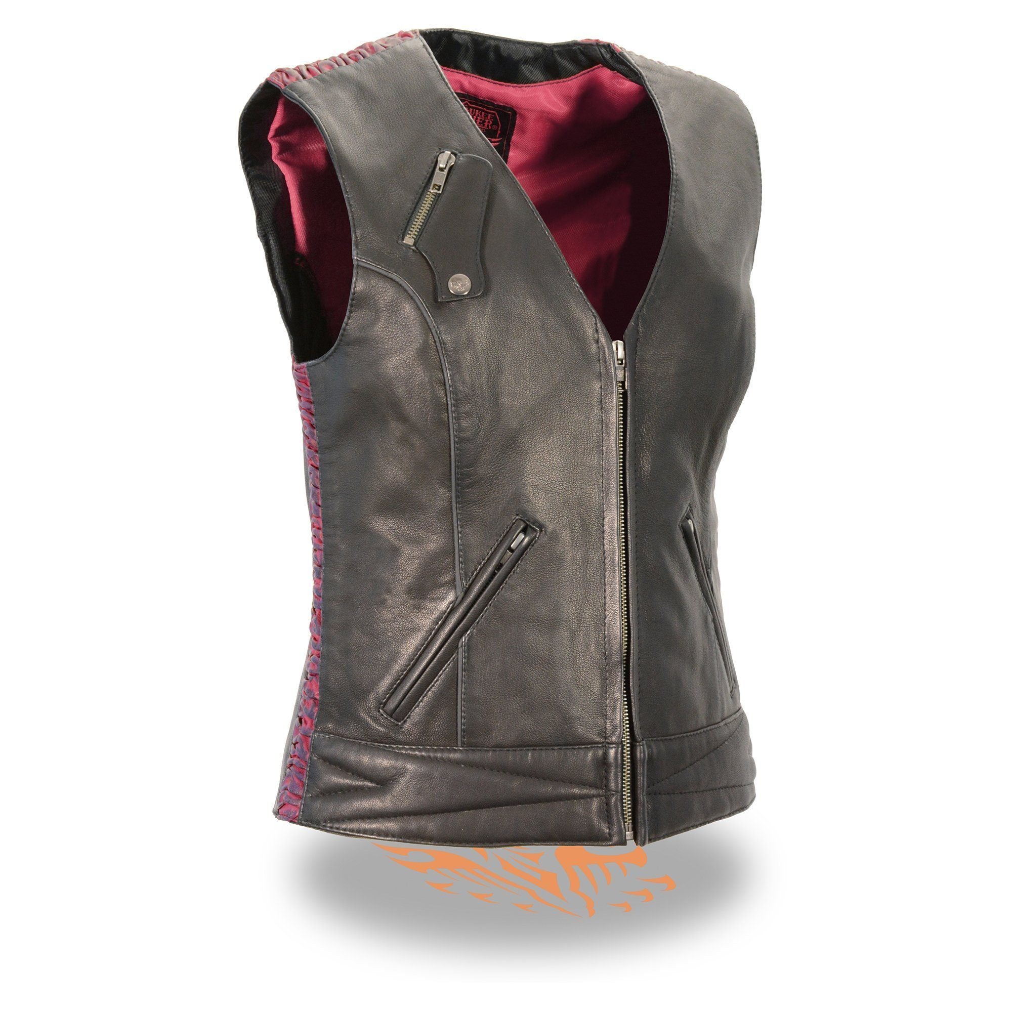 MLL4571 Women's Black and Pink Lightweight Motorcycle Leather Vest w/ Crinkled Leather Design