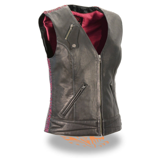 MLL4571 Women's Black and Pink Lightweight Motorcycle Leather Vest w/ Crinkled Leather Design