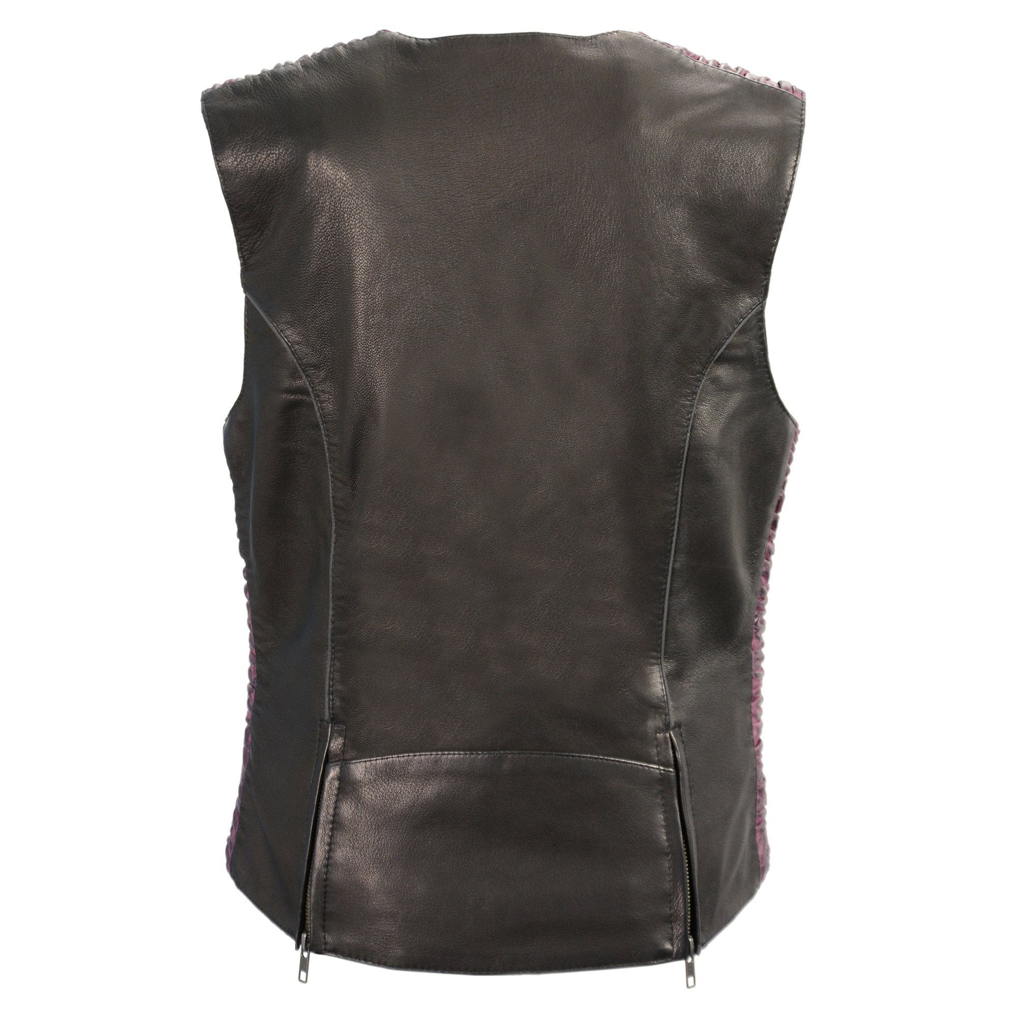 MLL4571 Women's Black and Pink Lightweight Motorcycle Leather Vest w/ Crinkled Leather Design