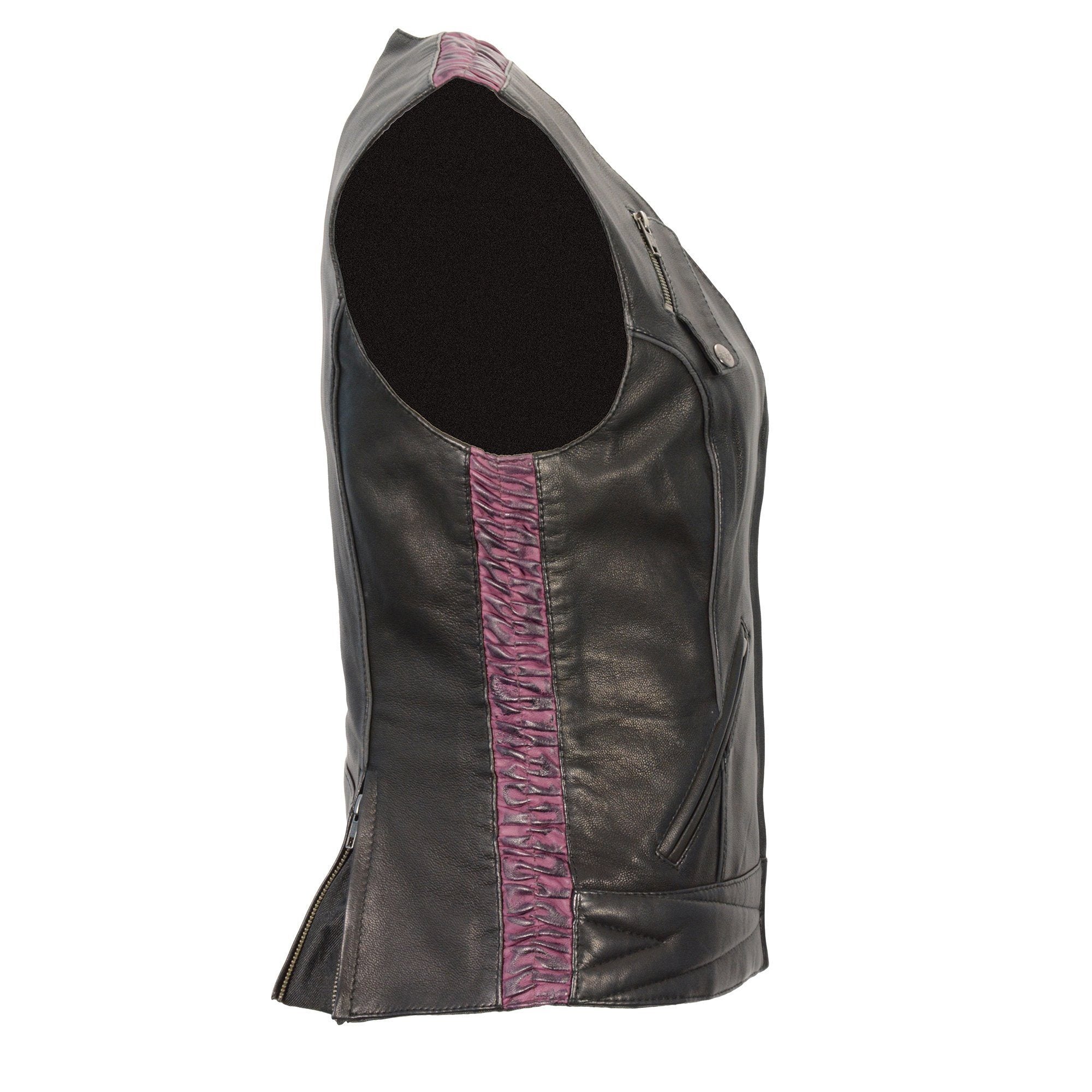 MLL4571 Women's Black and Pink Lightweight Motorcycle Leather Vest w/ Crinkled Leather Design