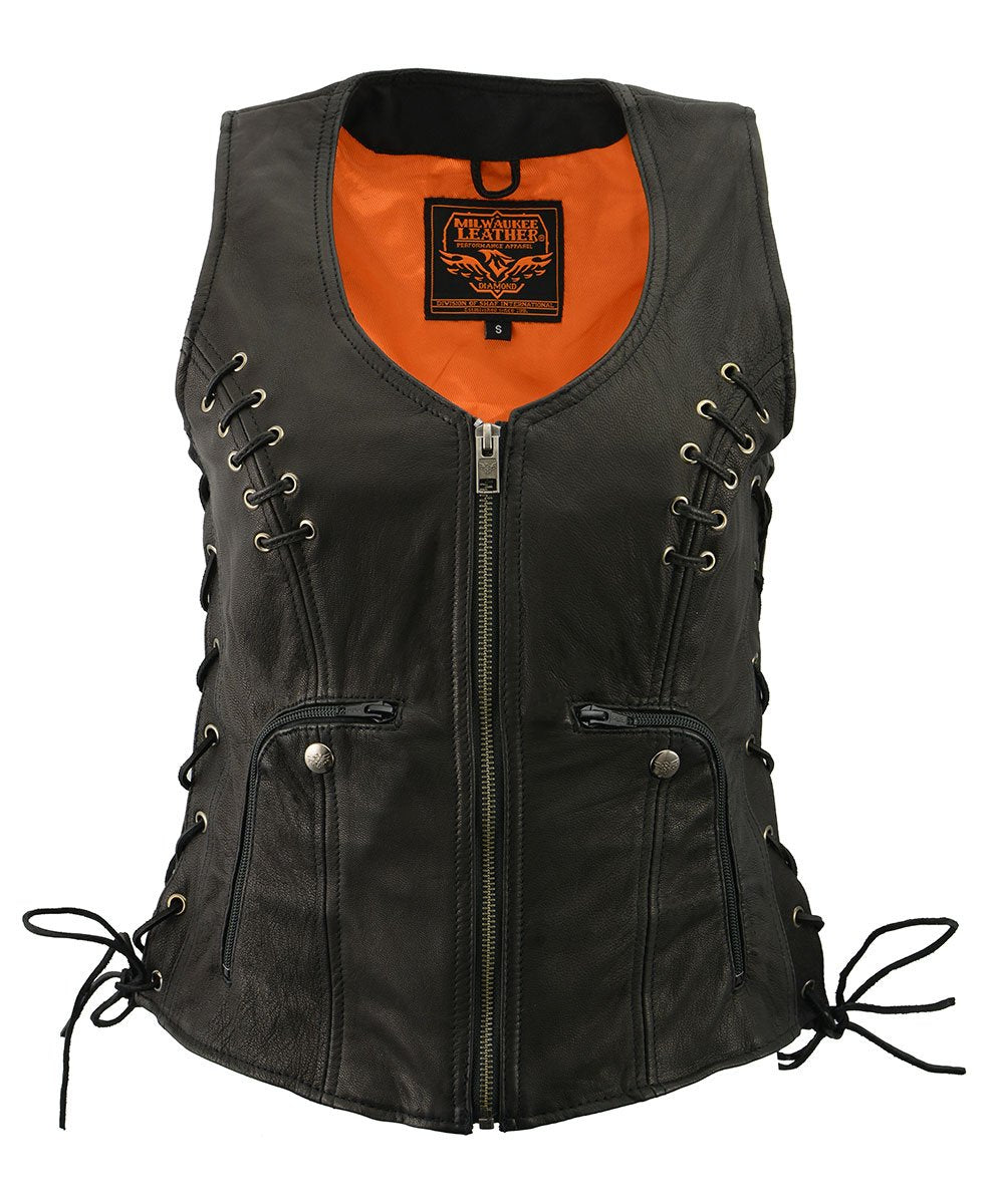 Women's Classic V-Neck Black Leather Motorcycle Rider Vest w/ Adjustable Side Laces MLL4575
