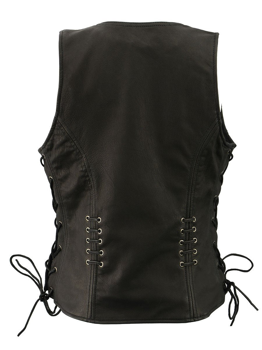 Women's Classic V-Neck Black Leather Motorcycle Rider Vest w/ Adjustable Side Laces MLL4575