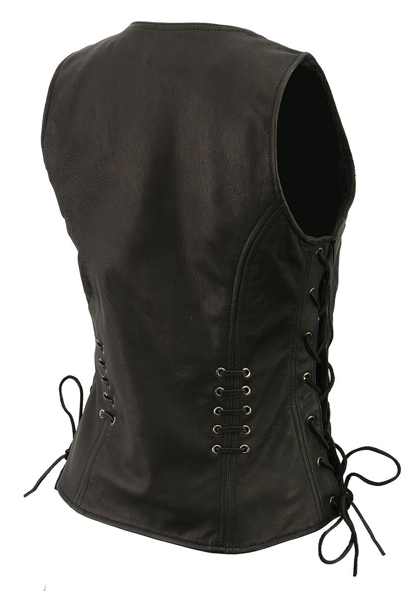 Women's Classic V-Neck Black Leather Motorcycle Rider Vest w/ Adjustable Side Laces MLL4575