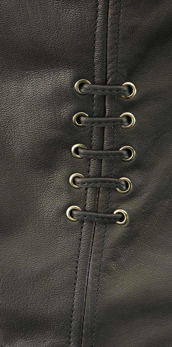 Women's Classic V-Neck Black Leather Motorcycle Rider Vest w/ Adjustable Side Laces MLL4575
