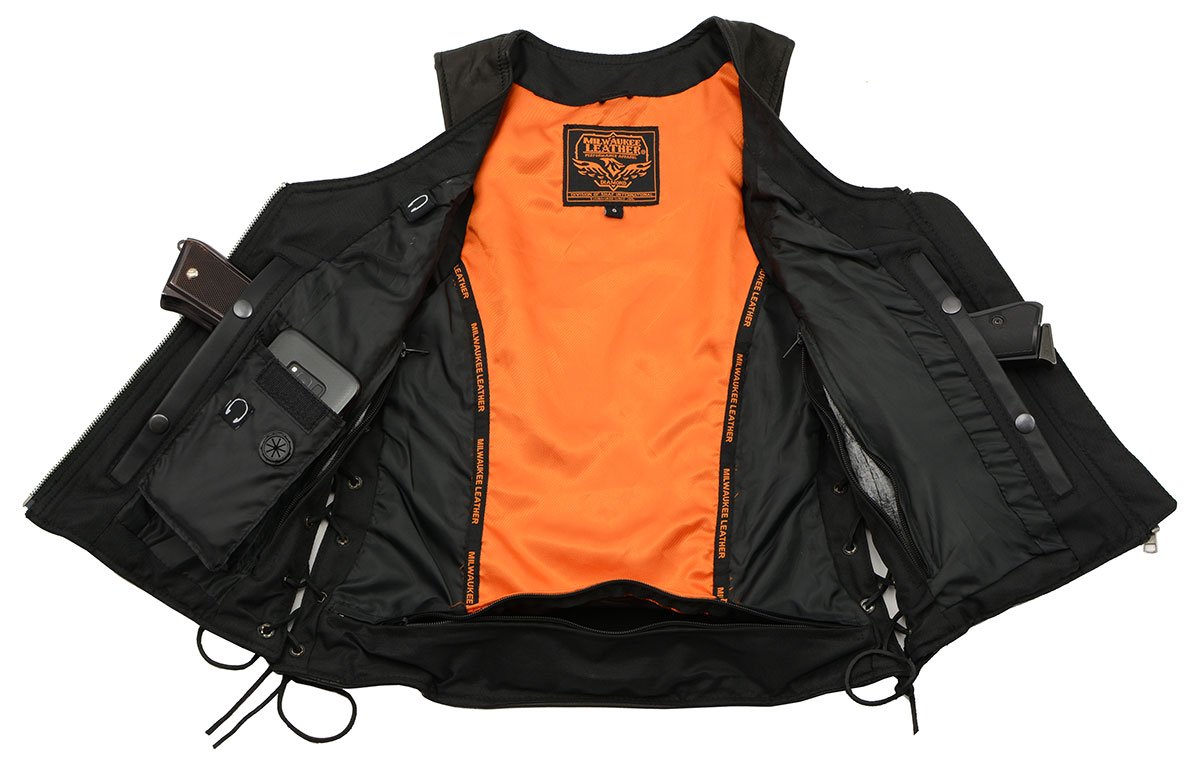 Women's Classic V-Neck Black Leather Motorcycle Rider Vest w/ Adjustable Side Laces MLL4575