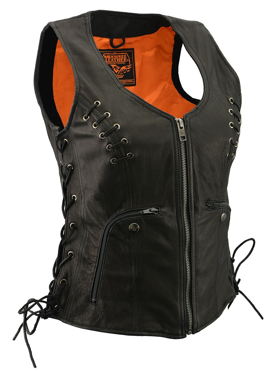 Women's Classic V-Neck Black Leather Motorcycle Rider Vest w/ Adjustable Side Laces MLL4575