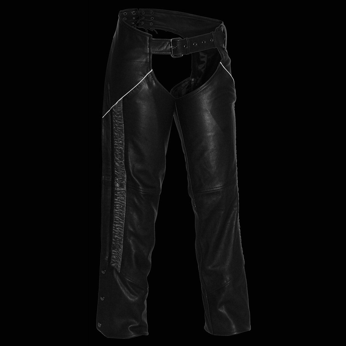 Women's Black Leather Hip Set Motorcycle Chaps w/ Crinkled Leg Striping MLL6500