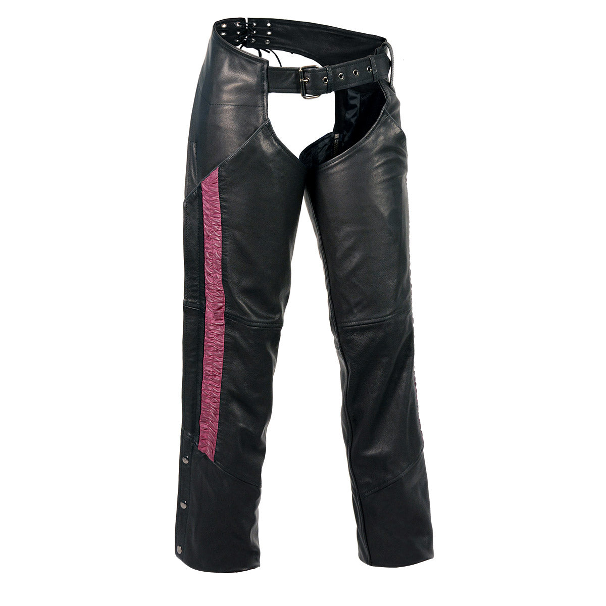 Women's Black and Fuchsia Leather Hip Set Chaps w/ Crinkled Leg Striping MLL6500