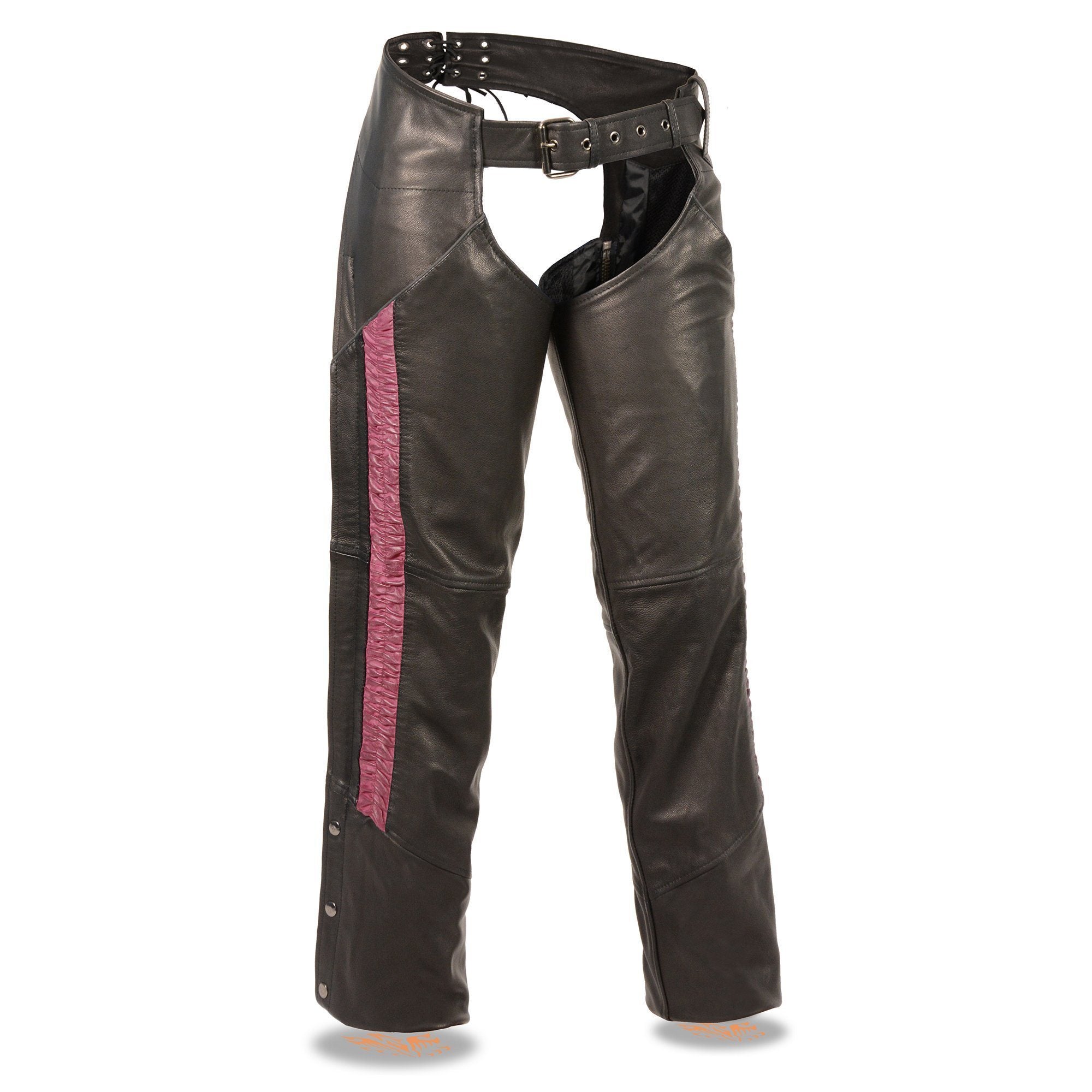 Women's Black and Fuchsia Leather Hip Set Chaps w/ Crinkled Leg Striping MLL6500