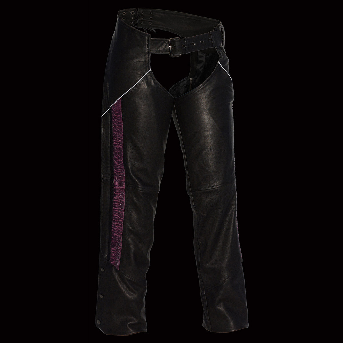 Women's Black and Fuchsia Leather Hip Set Chaps w/ Crinkled Leg Striping MLL6500