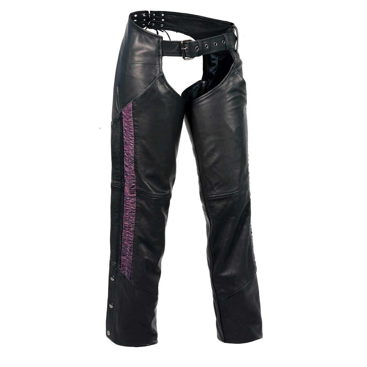 Women's Black Premium Leather Motorcycle Rider Chaps w/ Purple Crinkled Stripes-Reflective Trim MLL6500