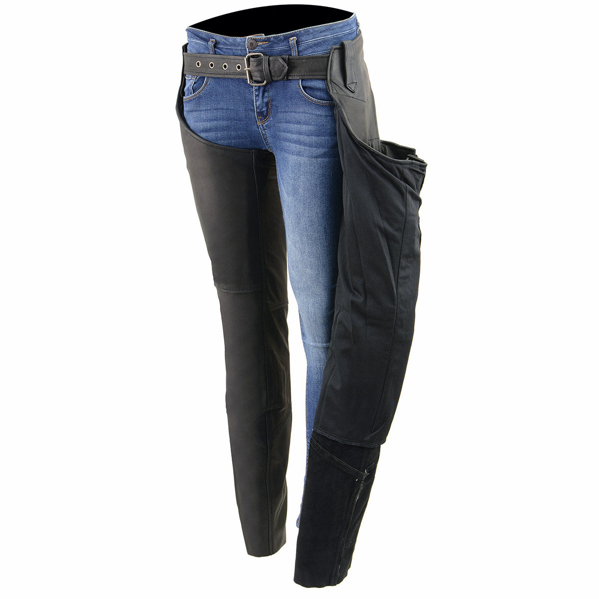 Chaps for Women Black Lightweight Goat Skin- Crinkled Stripes Reflective Motorcycle Chap- MLL6501