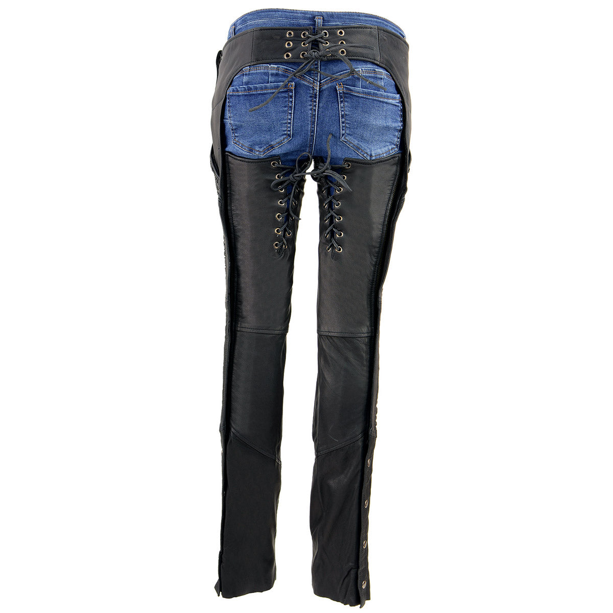 Chaps for Women Black Lightweight Goat Skin- Crinkled Stripes Reflective Motorcycle Chap- MLL6501