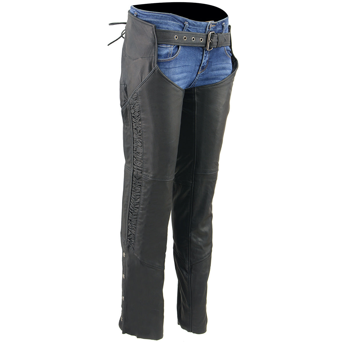 Chaps for Women Black Lightweight Goat Skin- Crinkled Stripes Reflective Motorcycle Chap- MLL6501