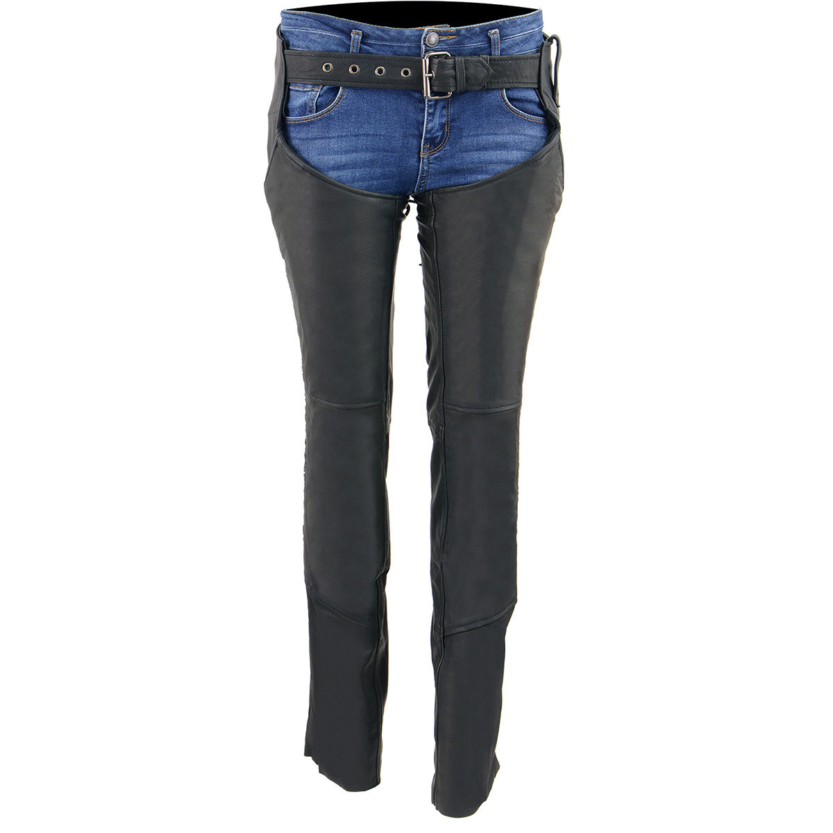 Chaps for Women Black Lightweight Goat Skin- Crinkled Stripes Reflective Motorcycle Chap- MLL6501