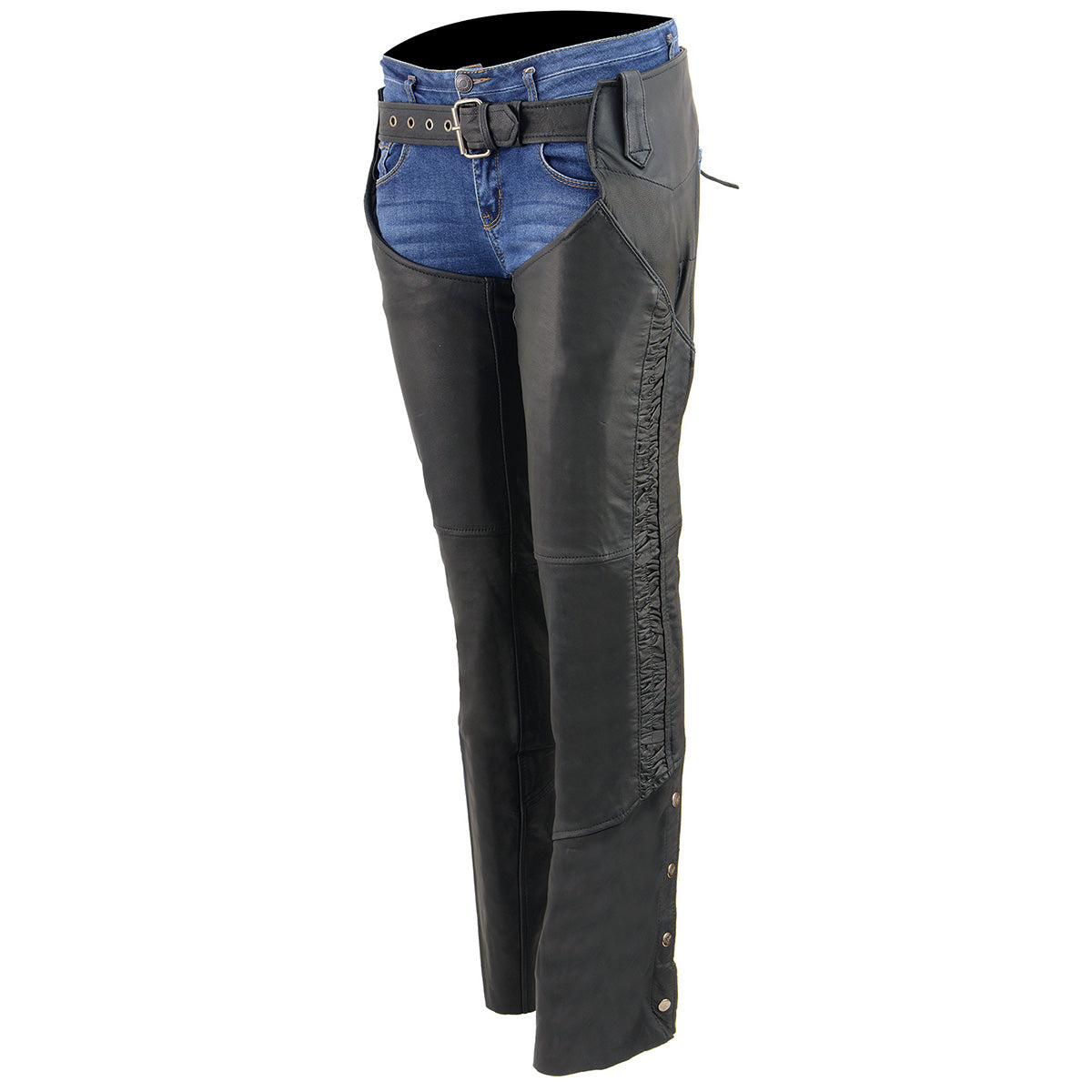 Chaps for Women Black Lightweight Goat Skin- Crinkled Stripes Reflective Motorcycle Chap- MLL6501