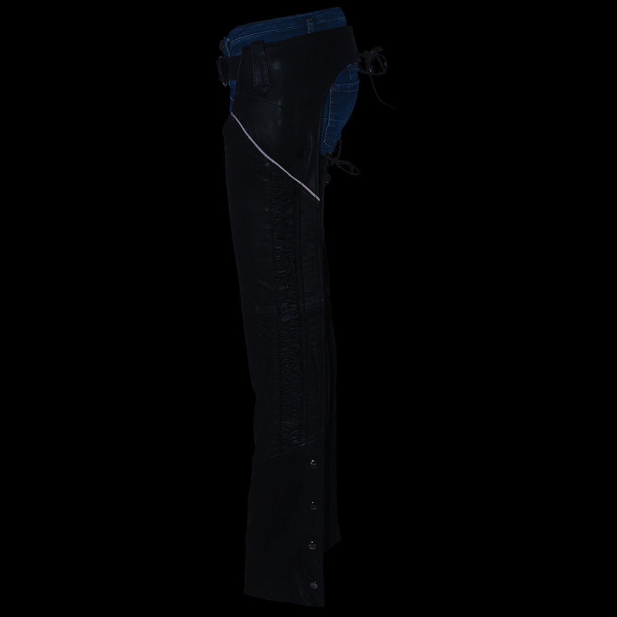 Chaps for Women Black Lightweight Goat Skin- Crinkled Stripes Reflective Motorcycle Chap- MLL6501