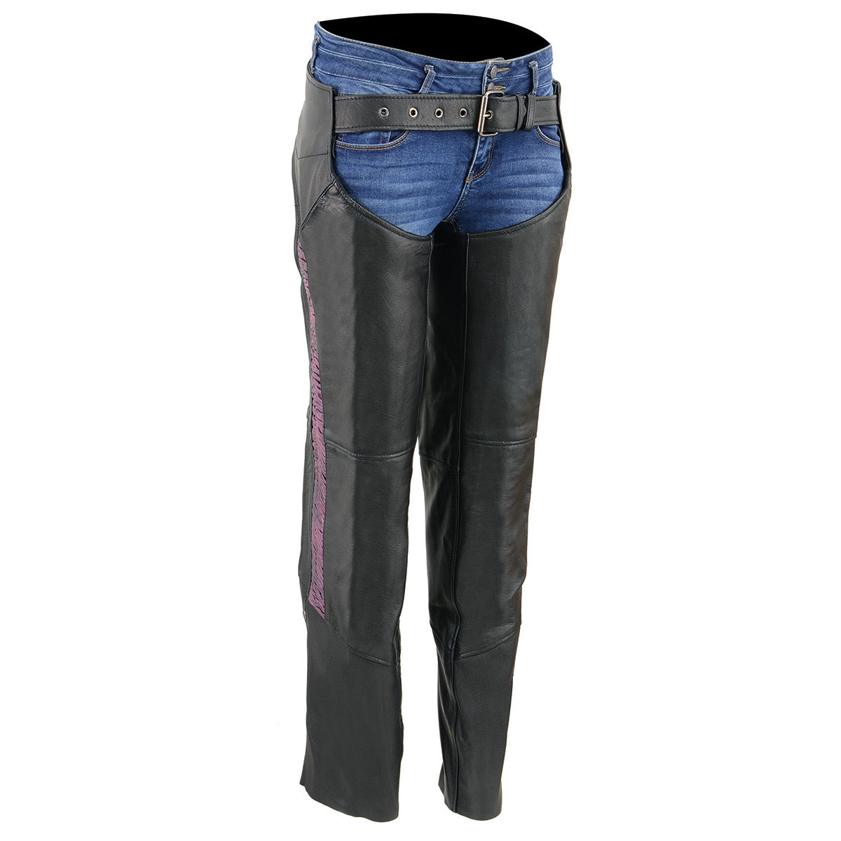 Chaps for Women Black Lightweight Goat Skin- Crinkled Stripes Reflective Motorcycle Chap- MLL6501