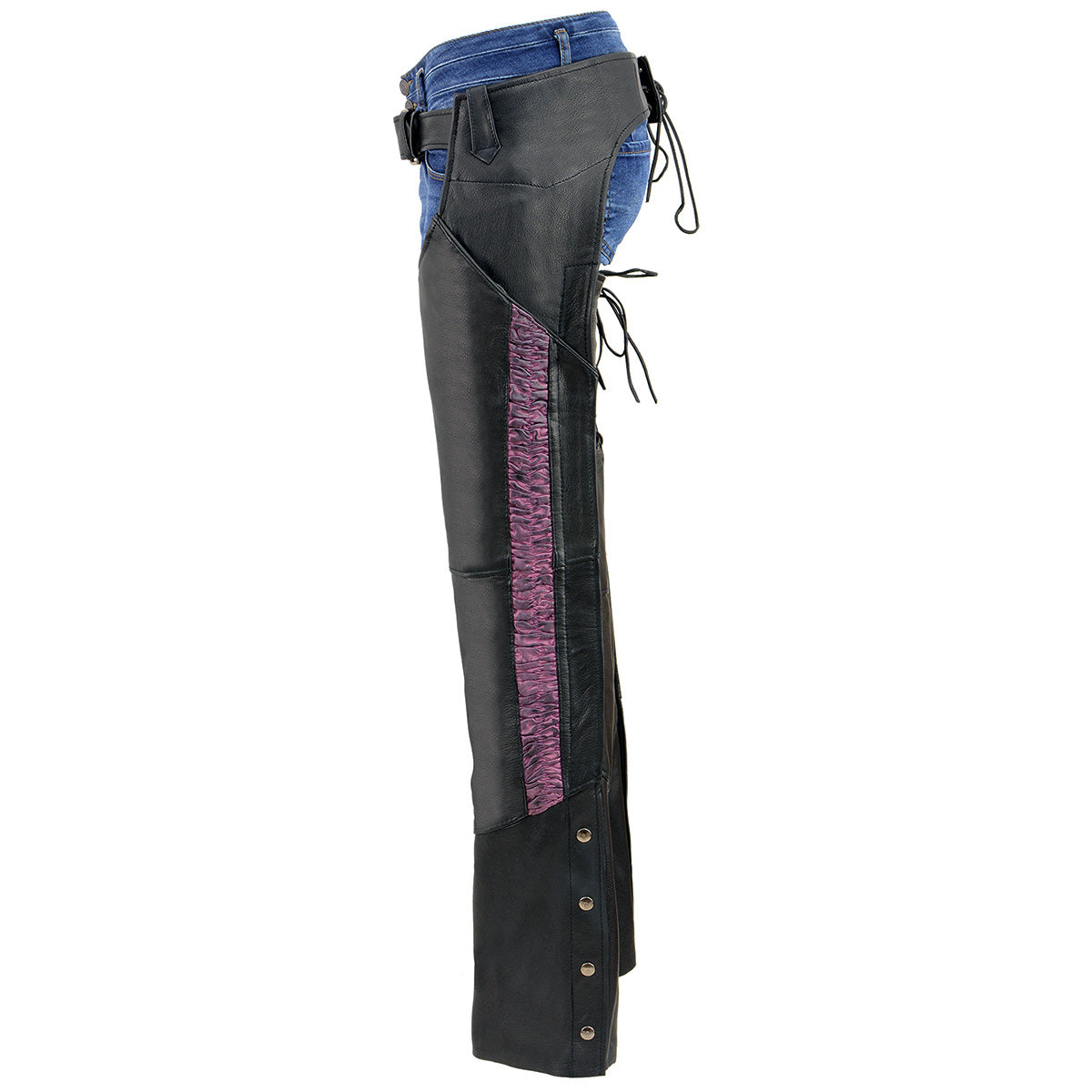 Chaps for Women Black Lightweight Goat Skin- Crinkled Stripes Reflective Motorcycle Chap- MLL6501