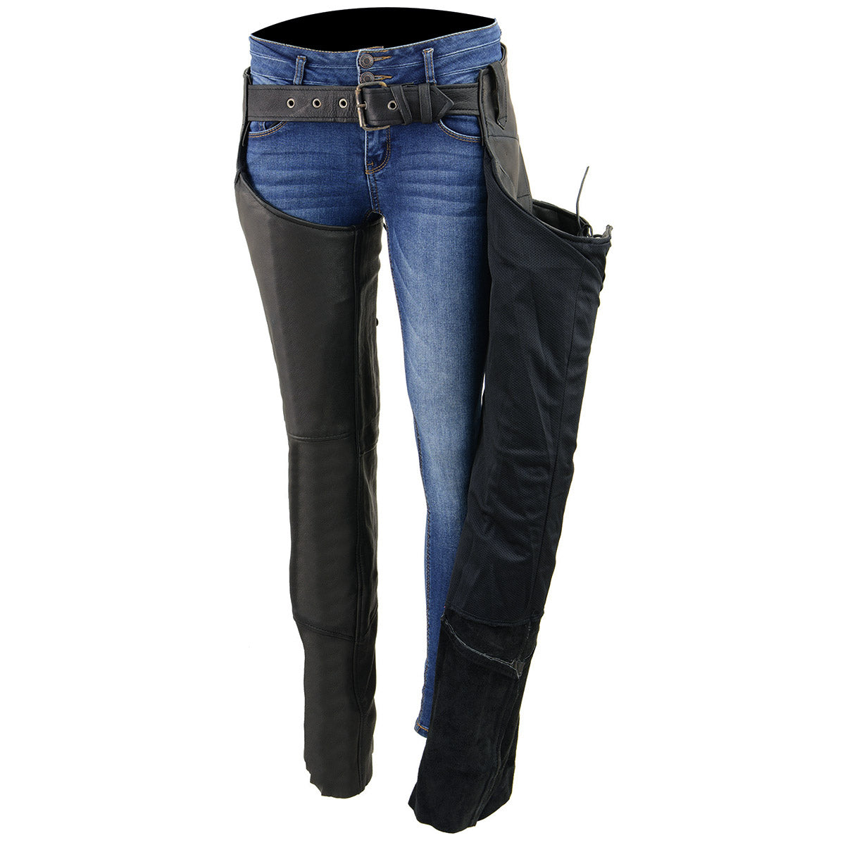 Chaps for Women Black Lightweight Goat Skin- Crinkled Stripes Reflective Motorcycle Chap- MLL6501