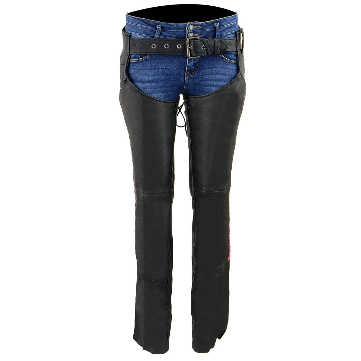 Chaps for Women Black Lightweight Goat Skin- Crinkled Stripes Reflective Motorcycle Chap- MLL6501