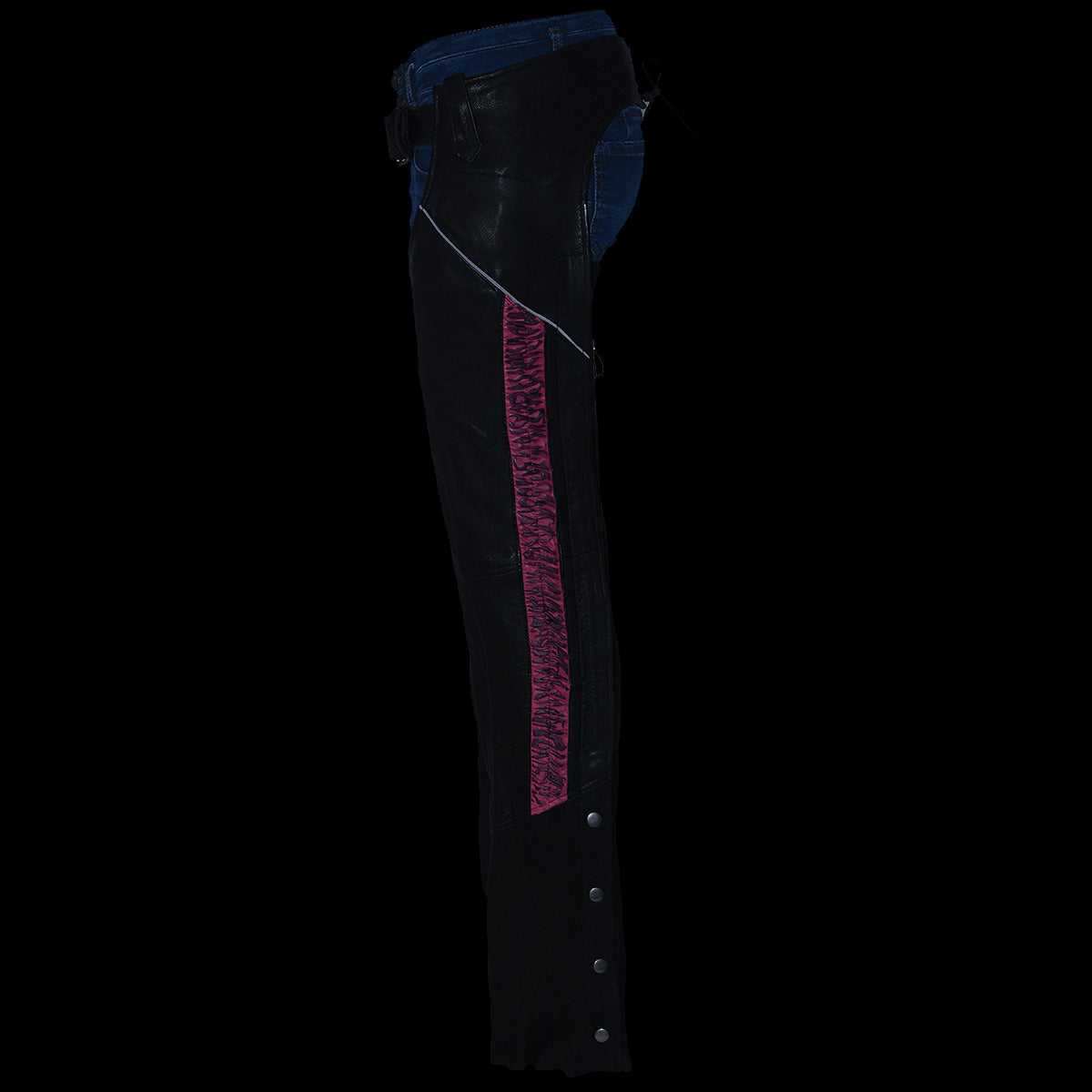 Chaps for Women Black Lightweight Goat Skin- Crinkled Stripes Reflective Motorcycle Chap- MLL6501