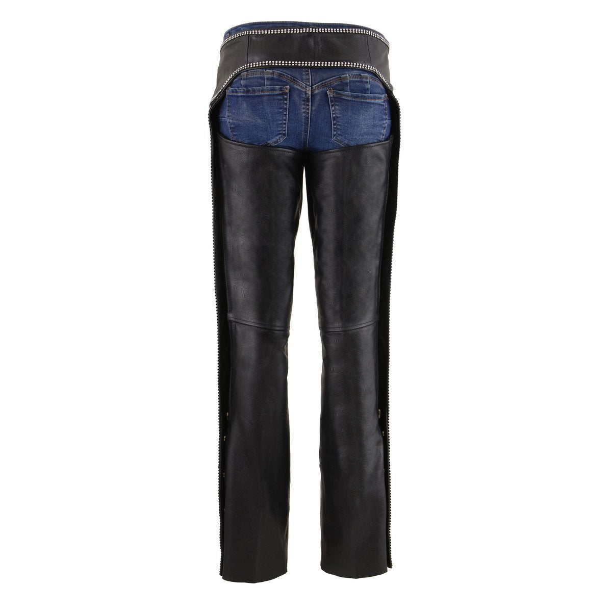 Women's Black Premium Leather Motorcycle Rider Chaps w/ Rhinestones Bling D-Rings-MLL6502