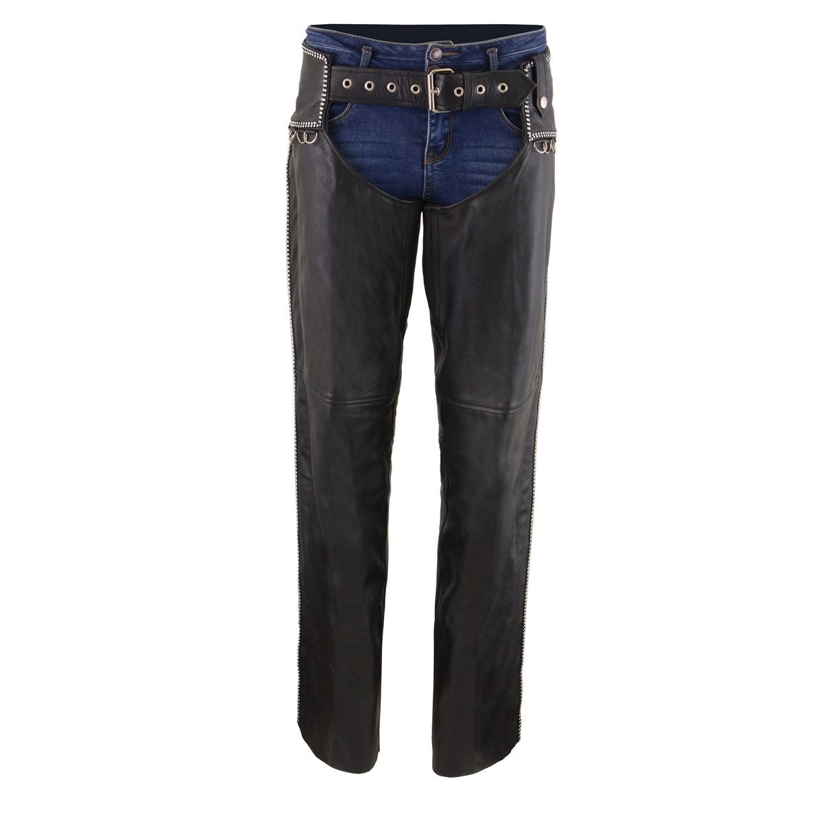 Women's Black Premium Leather Motorcycle Rider Chaps w/ Rhinestones Bling D-Rings-MLL6502