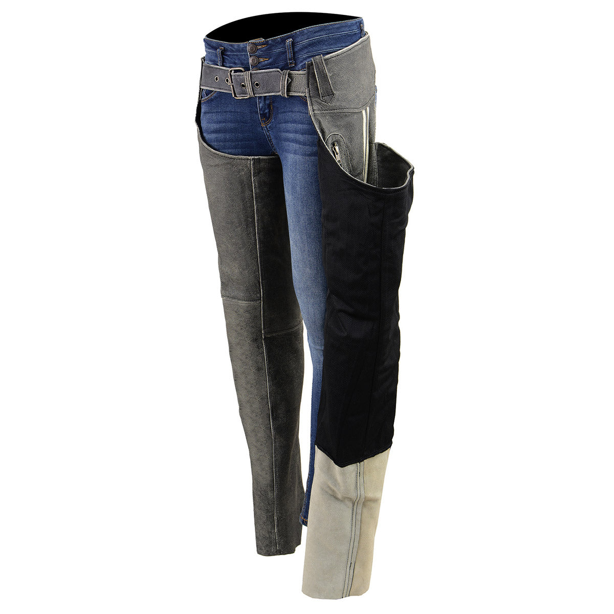 MLL6505 Women's Vintage Grey Slate Leather Chaps with Racing Stripes