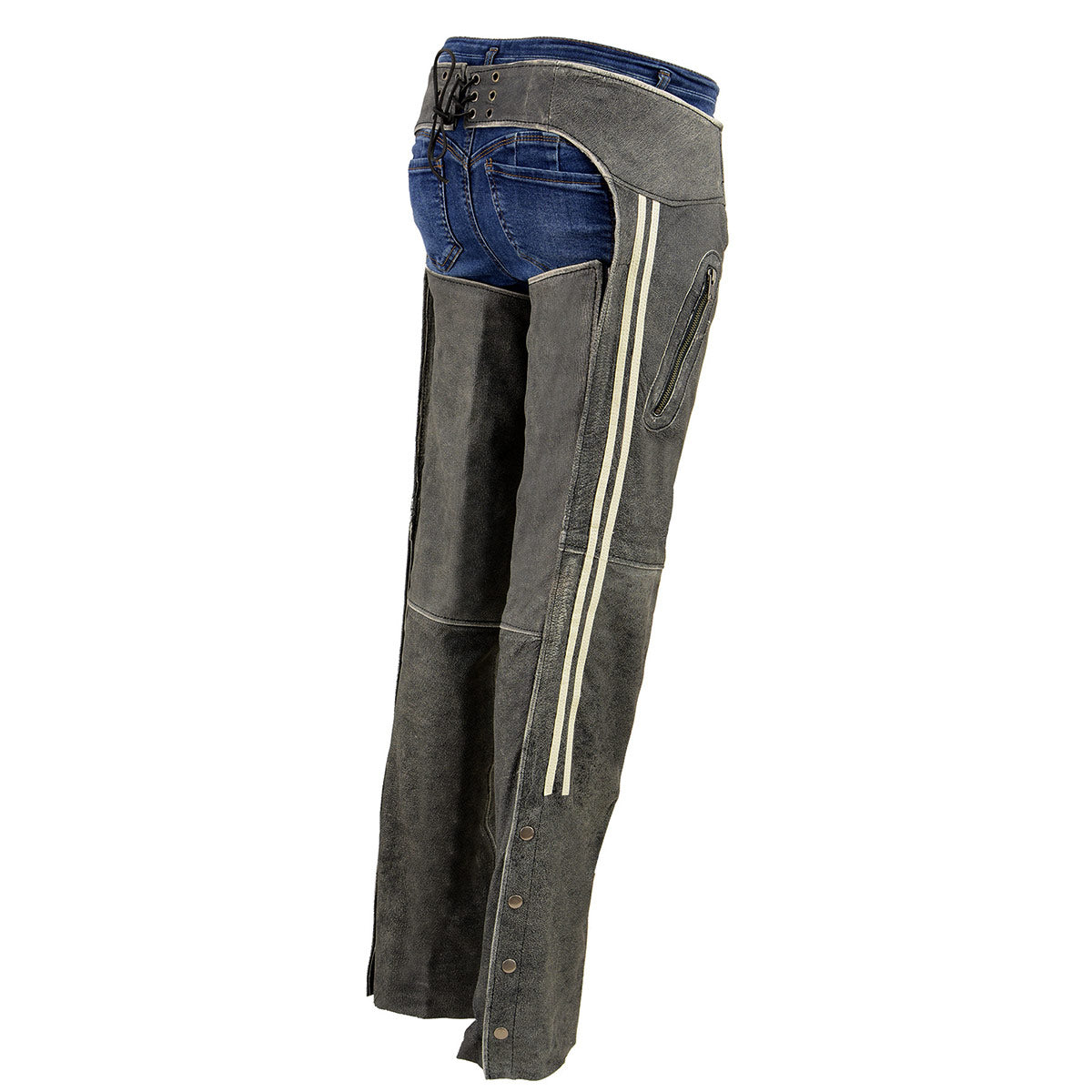 MLL6505 Women's Vintage Grey Slate Leather Chaps with Racing Stripes