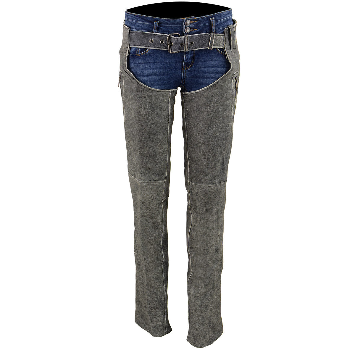 MLL6505 Women's Vintage Grey Slate Leather Chaps with Racing Stripes