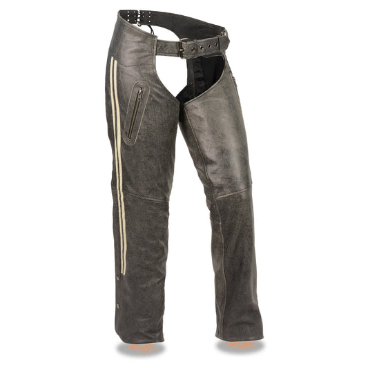 MLL6505 Women's Vintage Grey Slate Leather Chaps with Racing Stripes