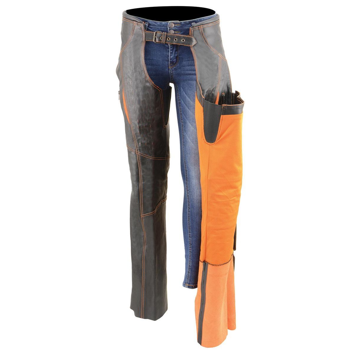 Chaps for Women Black and Orange Premium Skin Laser Cut Accent Stitching Motorcycle Chap- MLL6525