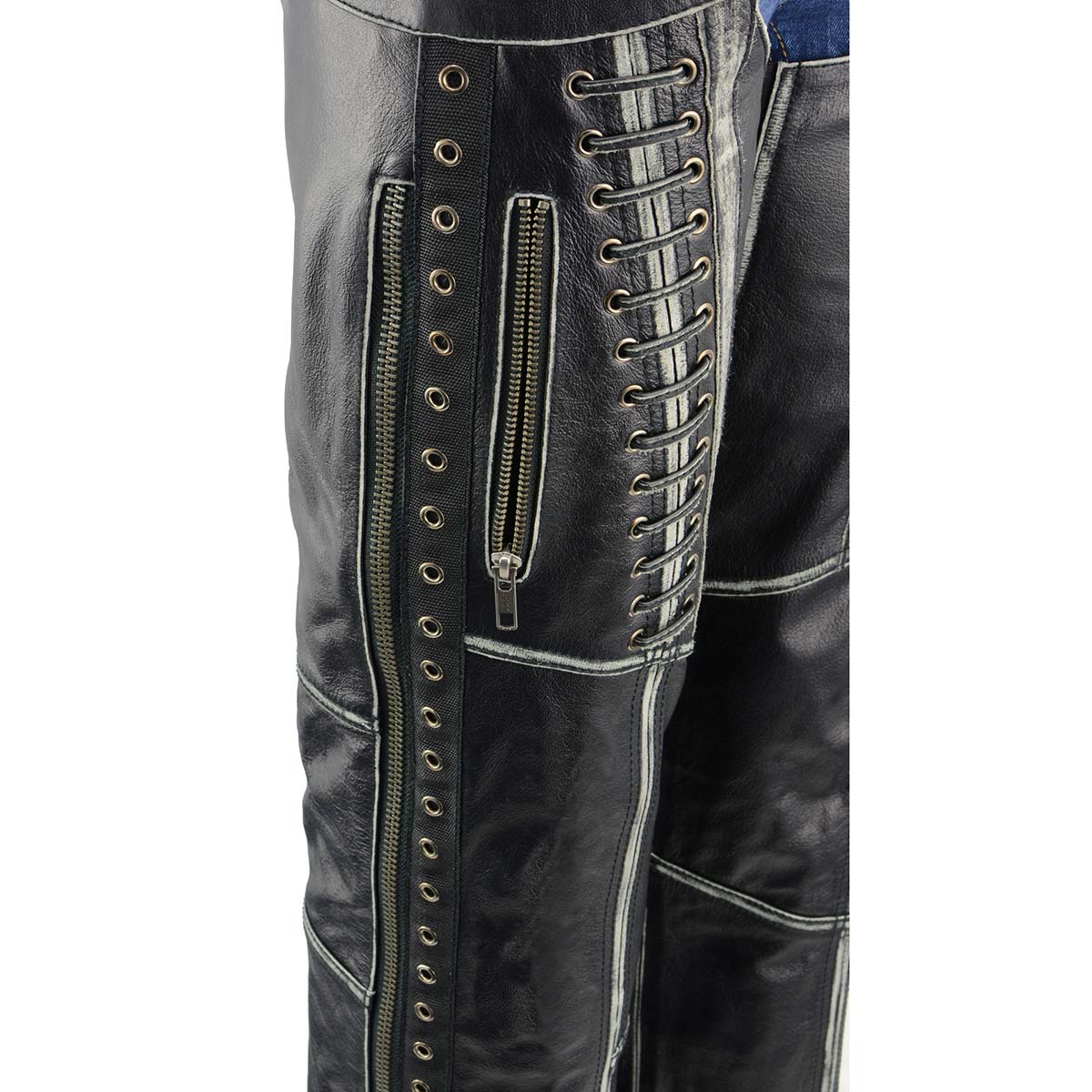 Premium Black Leather Motorcycle Chaps for Women w/ Rubbed Seams-Lace Detail MLL6526