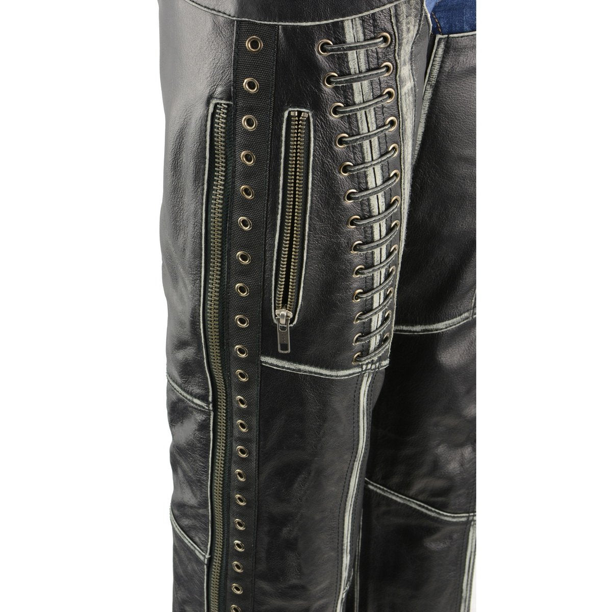 Premium Black Leather Motorcycle Chaps for Women w/ Rubbed Seams-Lace Detail MLL6526