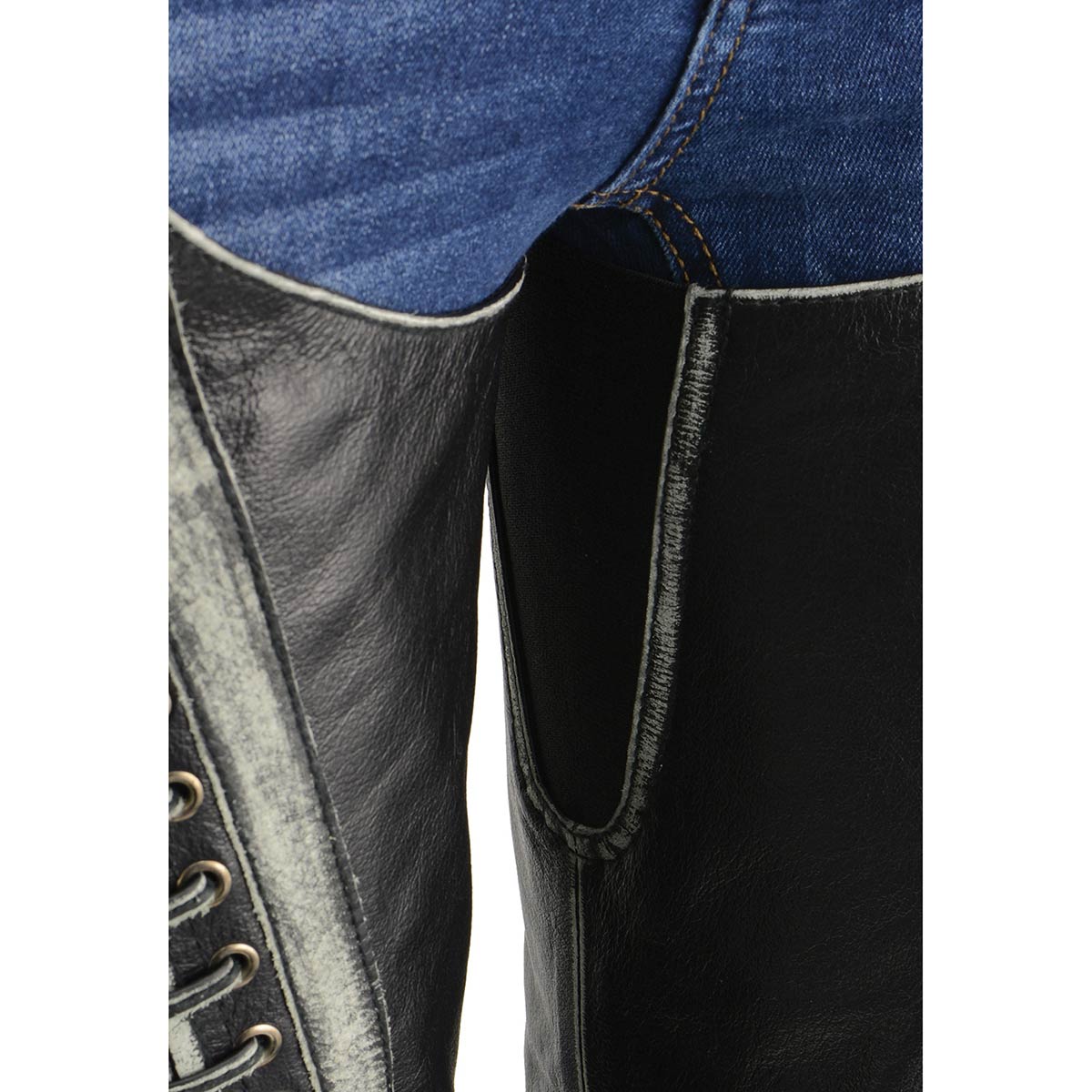 Premium Black Leather Motorcycle Chaps for Women w/ Rubbed Seams-Lace Detail MLL6526