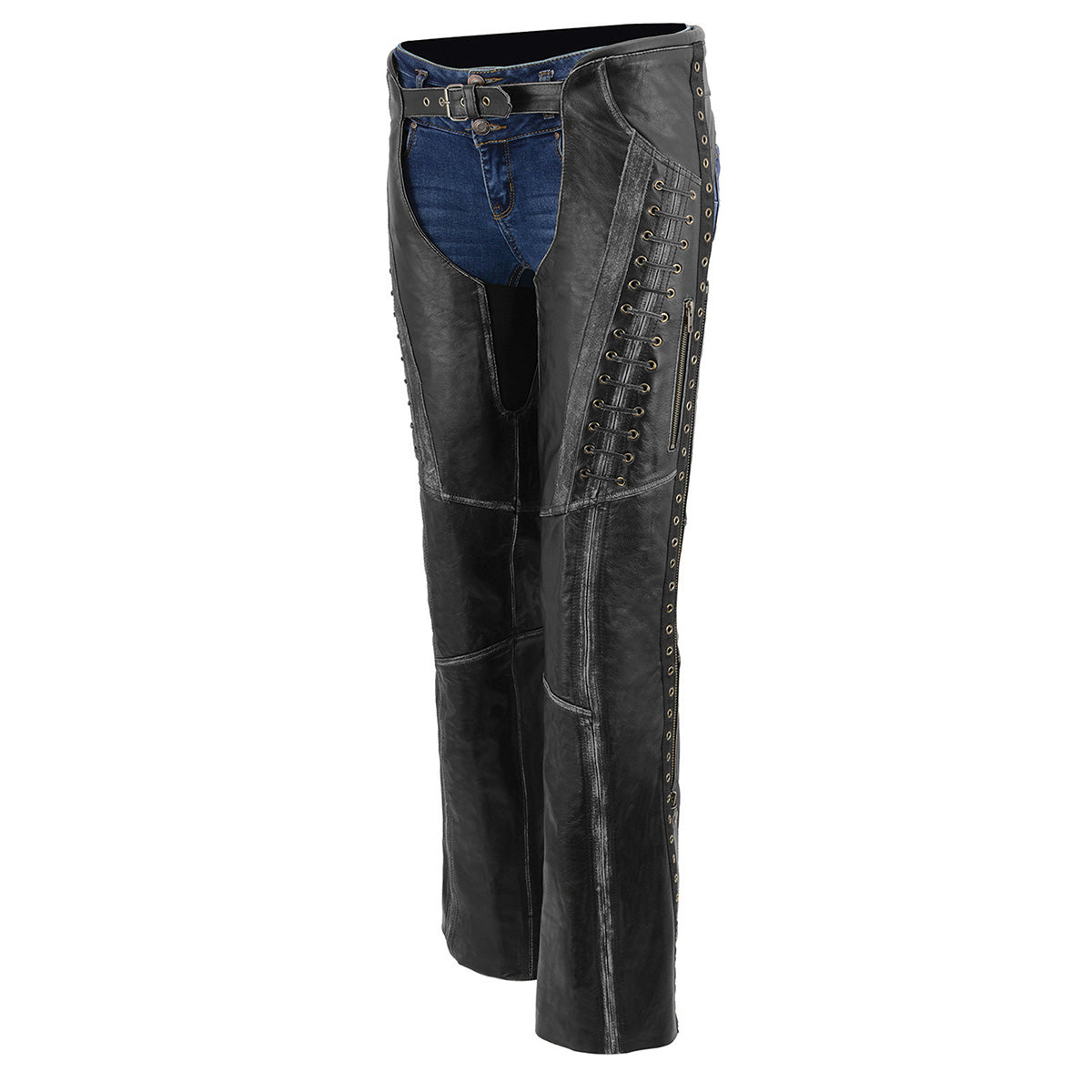 Premium Black Leather Motorcycle Chaps for Women w/ Rubbed Seams-Lace Detail MLL6526