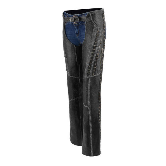 Premium Black Leather Motorcycle Chaps for Women w/ Rubbed Seams-Lace Detail MLL6526