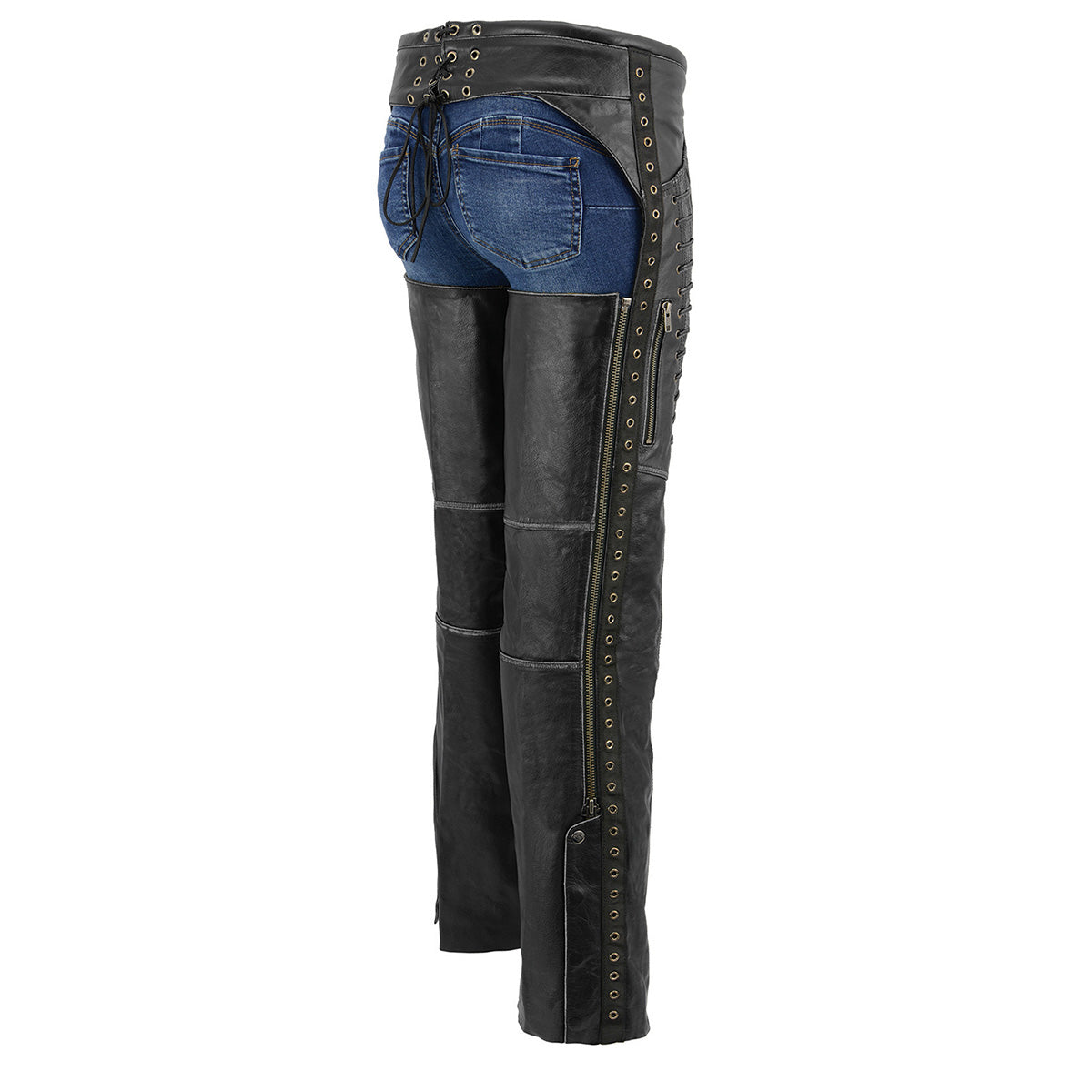 Premium Black Leather Motorcycle Chaps for Women w/ Rubbed Seams-Lace Detail MLL6526