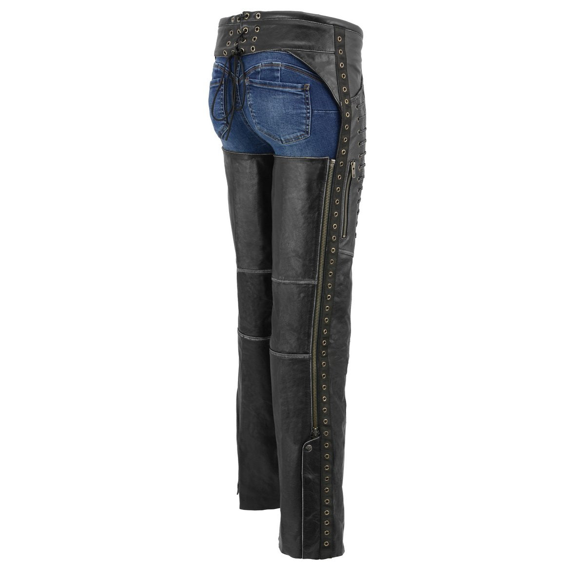 Premium Black Leather Motorcycle Chaps for Women w/ Rubbed Seams-Lace Detail MLL6526