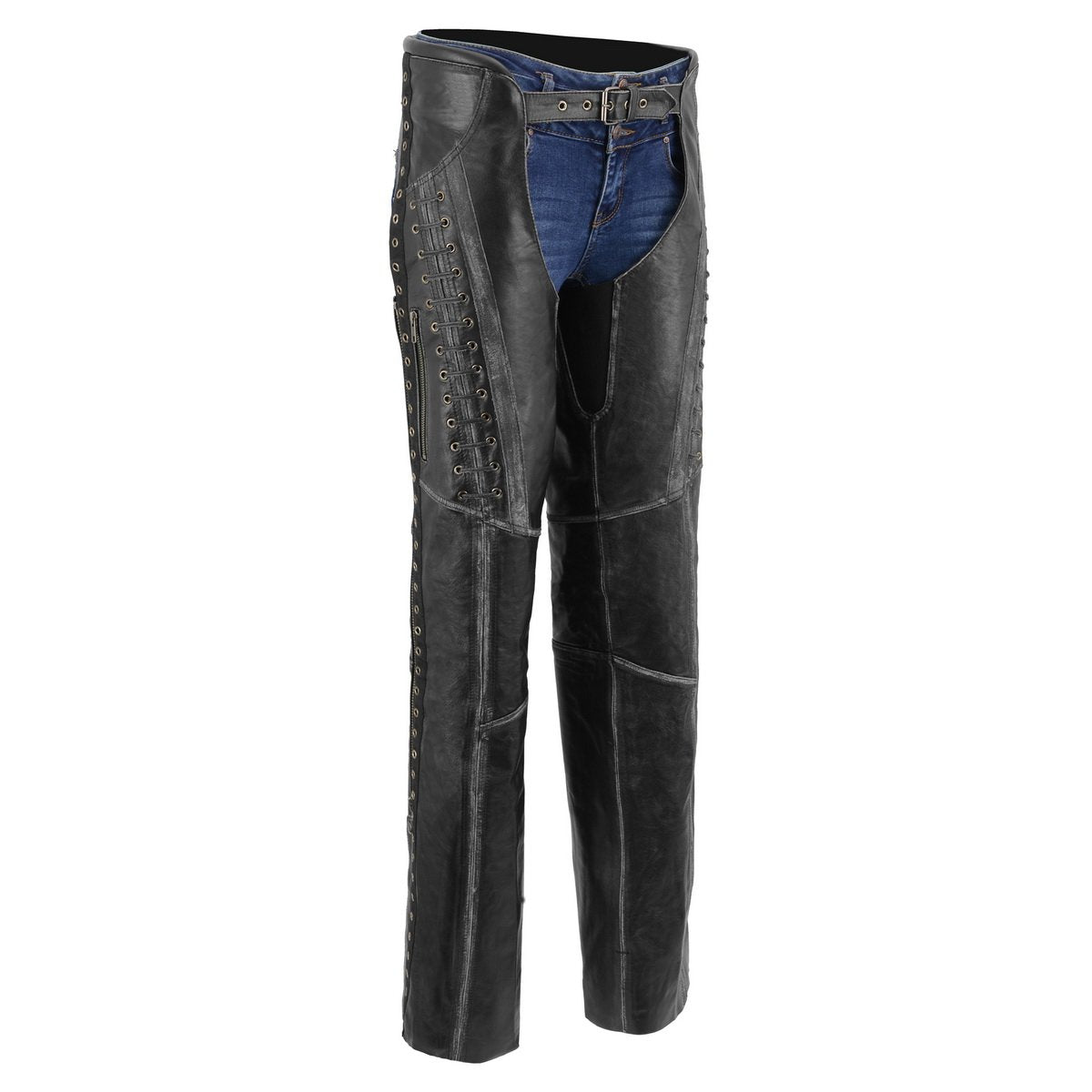 Premium Black Leather Motorcycle Chaps for Women w/ Rubbed Seams-Lace Detail MLL6526