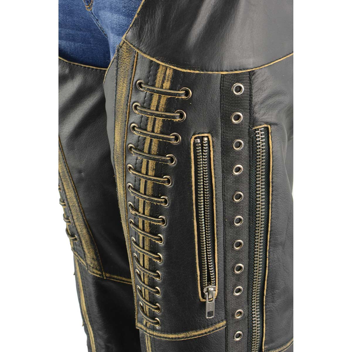 Chaps for Women Black Premium Skin Rubbed Seams- Accented Lace Detailing Motorcycle Chap- MLL6527