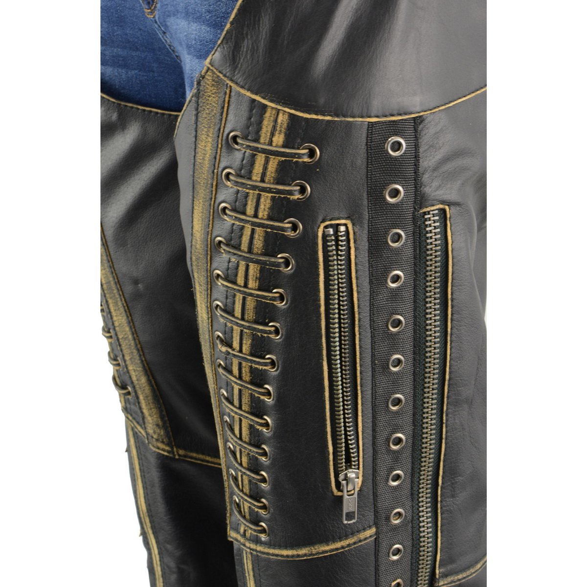 Chaps for Women Black Premium Skin Rubbed Seams- Accented Lace Detailing Motorcycle Chap- MLL6527