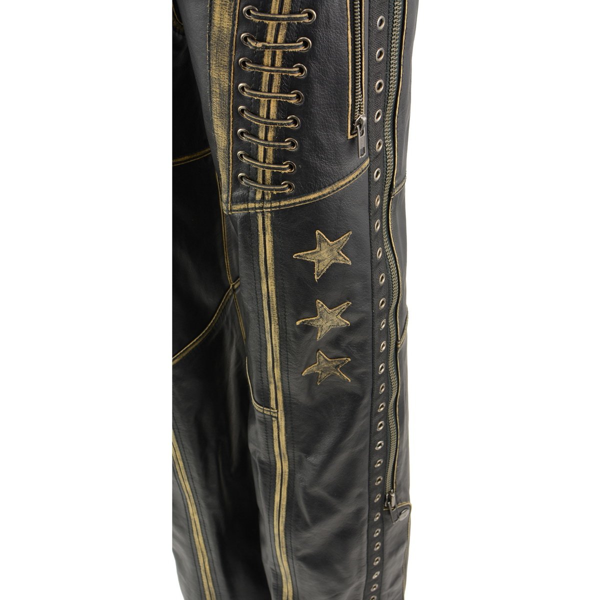 Chaps for Women Black Premium Skin Rubbed Seams- Accented Lace Detailing Motorcycle Chap- MLL6527