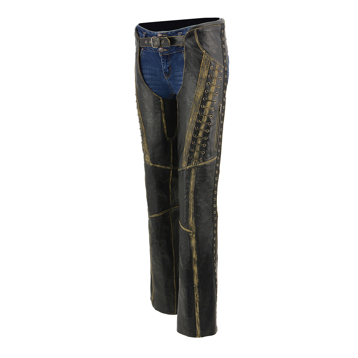 Chaps for Women Black Premium Skin Rubbed Seams- Accented Lace Detailing Motorcycle Chap- MLL6527